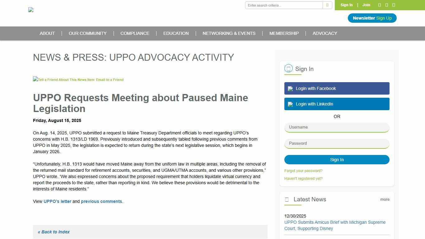 UPPO Requests Meeting about Paused Maine Legislation - Unclaimed Property Professionals Organization