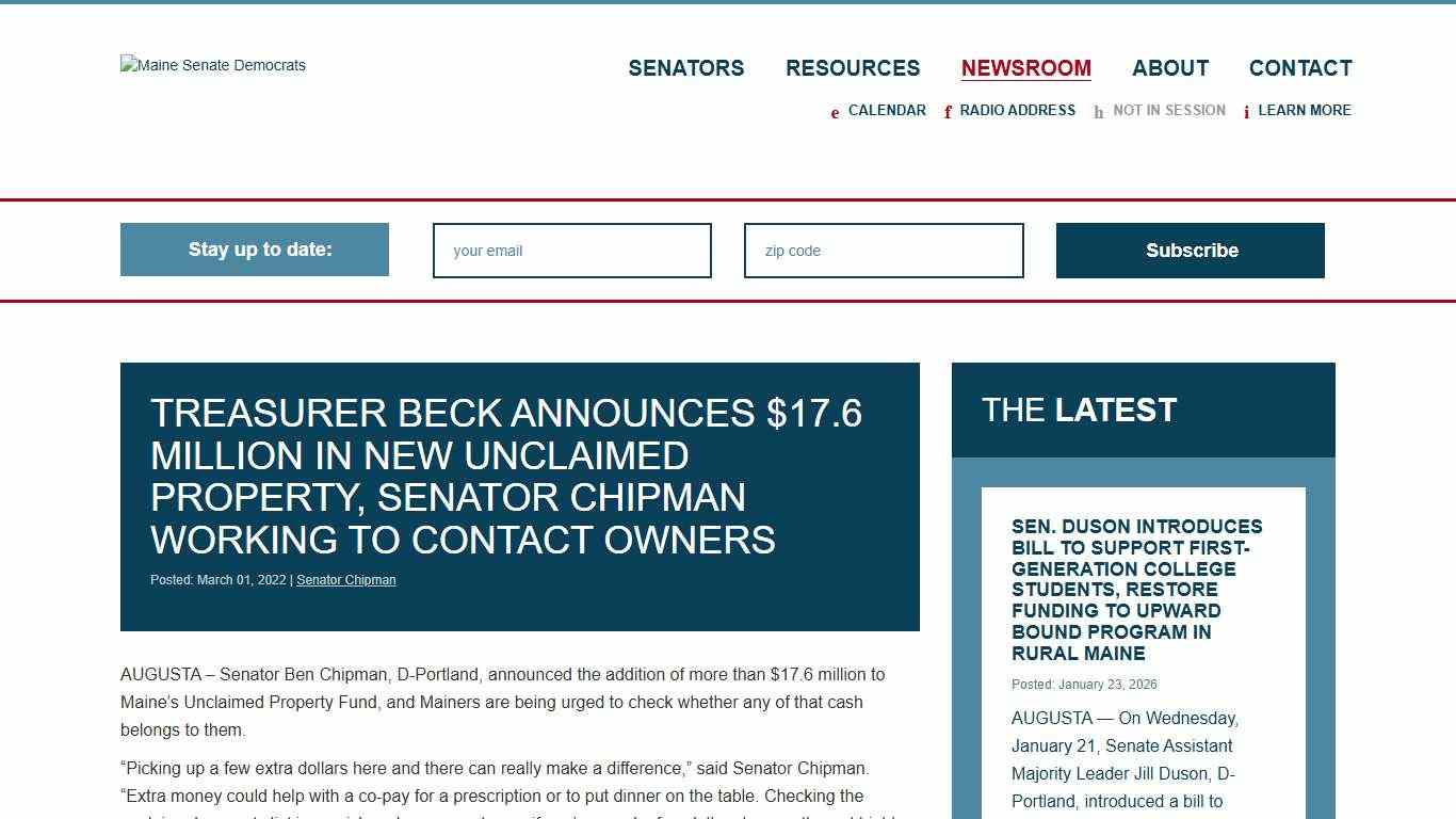 Treasurer Beck announces $17.6 million in new unclaimed property, Senator Chipman working to contact owners - Maine Senate Democrats